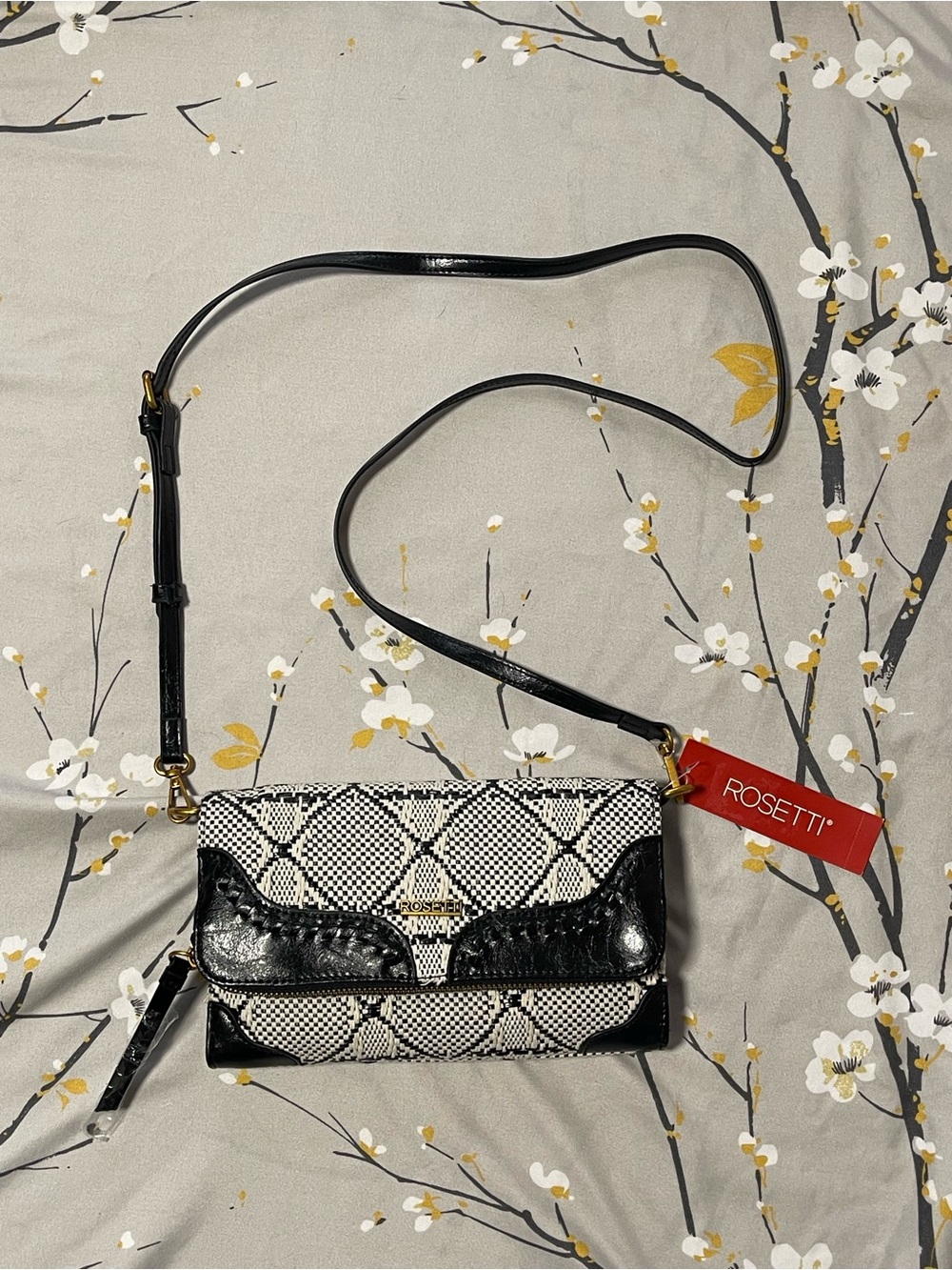 Rosetti Black & White Patterned Crossbody with Glossy Trim
